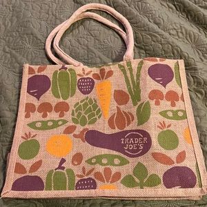 Vintage Trader Joe’s Jute Tote Bag Vegetables Eggplant 17”x13”x8”